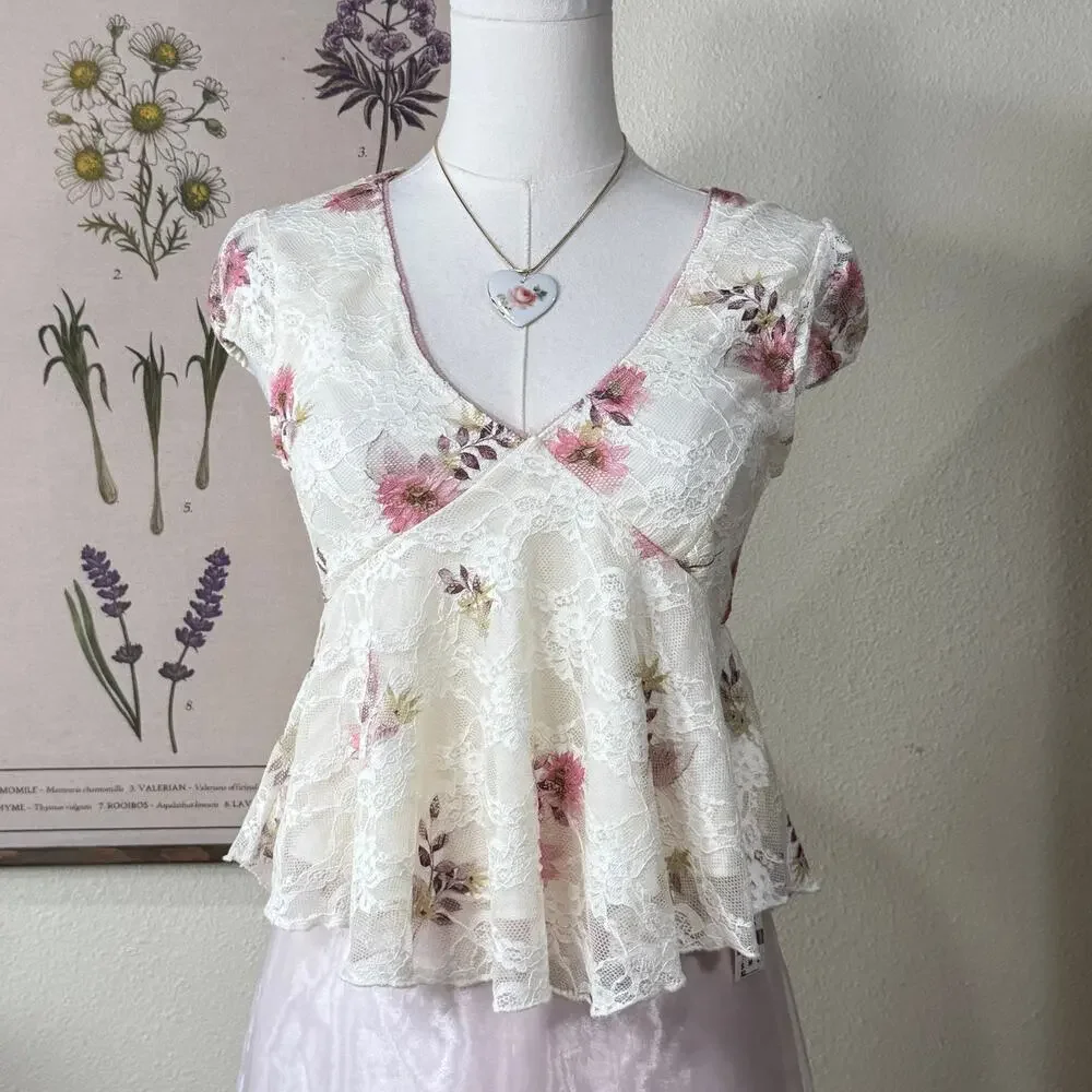 Floral Lace Babydoll Top Dolly Coquette Romantic Fairy Forest Femme Dainty S